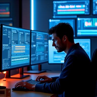 Video editor at a workstation with analytics on screen