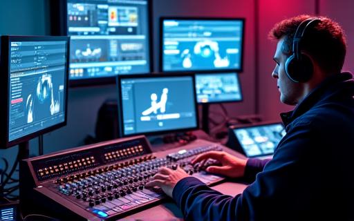 A live-streaming control desk with multiple monitors